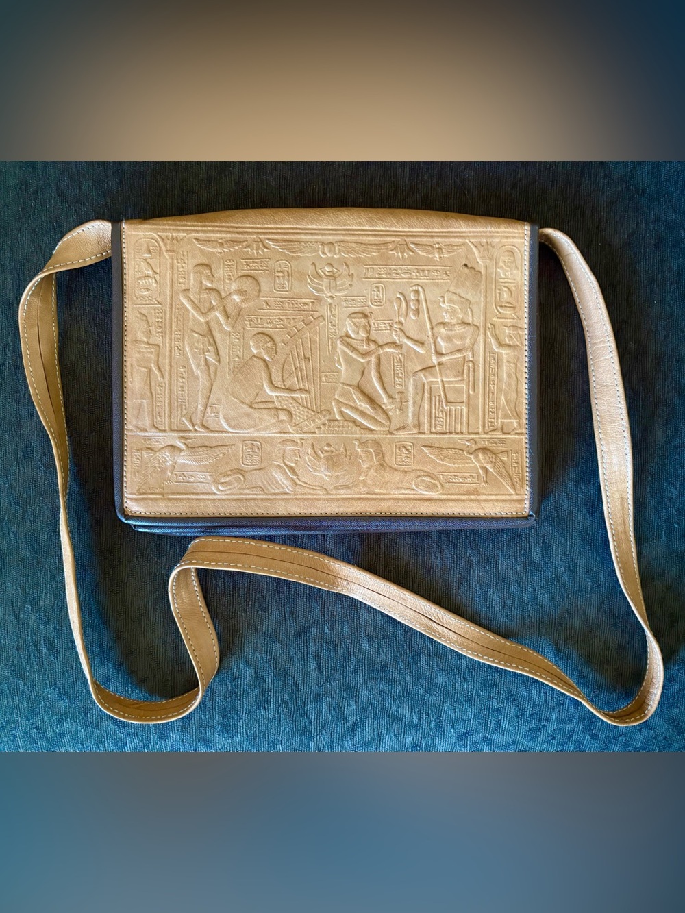 Embossed Egyptian Motif Leather Crossbody Bag in Tan